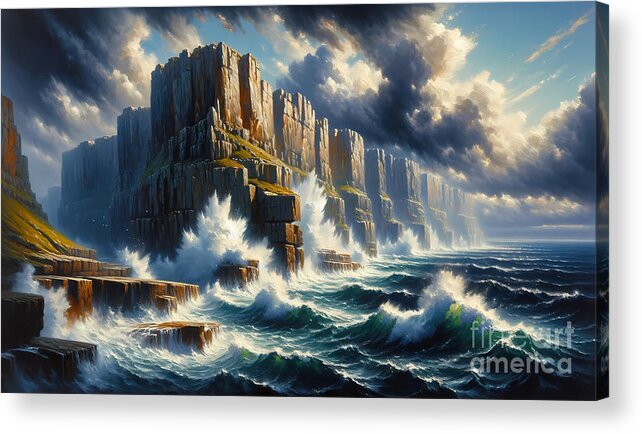 Cliffside Acrylic Print featuring the painting A dramatic cliffside coastal view with waves crashing against the rocks by Jeff Creation
