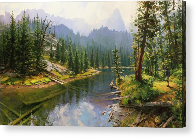 Mountains Acrylic Print featuring the painting A Moment to Reflect by Steve Henderson