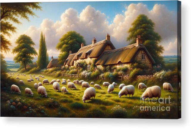 Pastoral Acrylic Print featuring the painting A pastoral scene with sheep grazing near a thatched cottage in the English countryside. by Jeff Creation