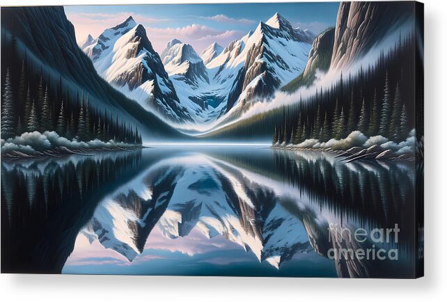 Serene Acrylic Print featuring the painting A serene lake reflecting a perfect mirror image of the surrounding snow-capped mountains by Jeff Creation
