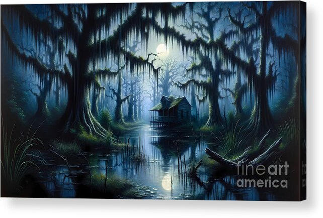 Southern-gothic Acrylic Print featuring the painting A Southern Gothic scene with a bayou and Spanish moss, in a moonlit setting. by Jeff Creation