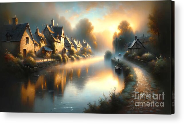 Tranquil Acrylic Print featuring the painting A tranquil riverside village at dawn with mist rising off the water by Jeff Creation