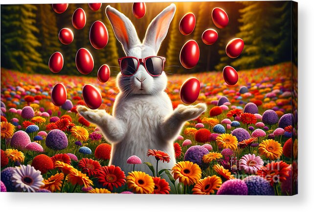 Easter Acrylic Print featuring the digital art A whimsical white rabbit wearing sunglasses juggles red Easter eggs by Odon Czintos