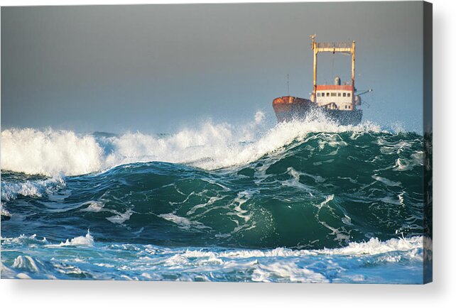 Shipwreck Acrylic Print featuring the photograph Abandoned ship in the stormy ocean by Michalakis Ppalis