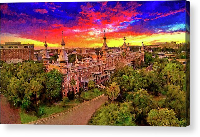 Henry B. Plant Museum Acrylic Print featuring the digital art Aerial of Henry B. Plant Museum in Tampa, Florida, at sunset - digital painting by Nicko Prints