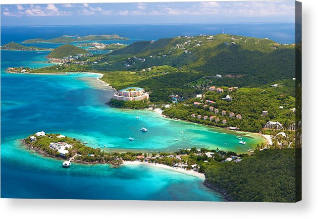 Water's Edge Acrylic Print featuring the photograph aerial shot of Coki Point, St. Thomas, US Virgin Islands by Cdwheatley