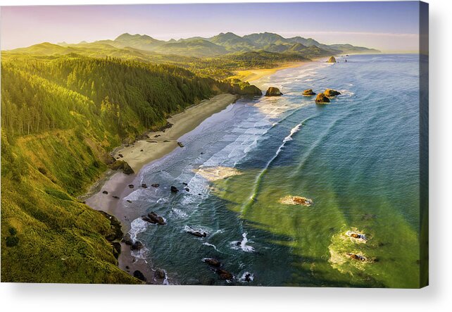 Golden Hour Acrylic Print featuring the photograph Aerial two-photo pano at golden hour-sunrise at 400ft above Crescent Beach on the Oregon Coast by Chris Anson