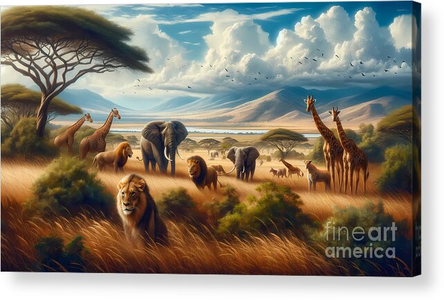 Safari Acrylic Print featuring the digital art African Safari Adventure, Wildlife like lions elephants and giraffes in the African savanna by Jeff Creation