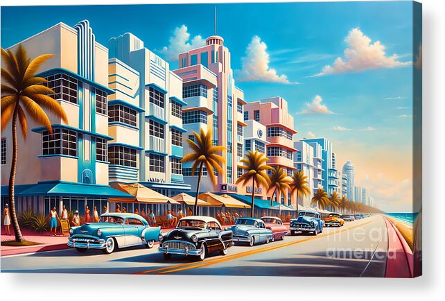 Art-deco Acrylic Print featuring the painting An art deco Miami beachfront, with classic cars and palm trees by Jeff Creation