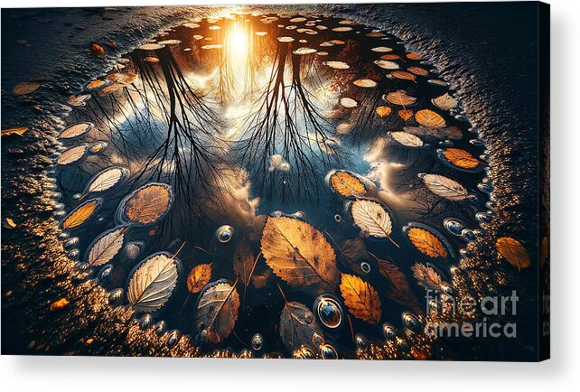 Autumn Leaves Acrylic Print featuring the digital art An intricate display of autumn leaves floating on water. by Odon Czintos