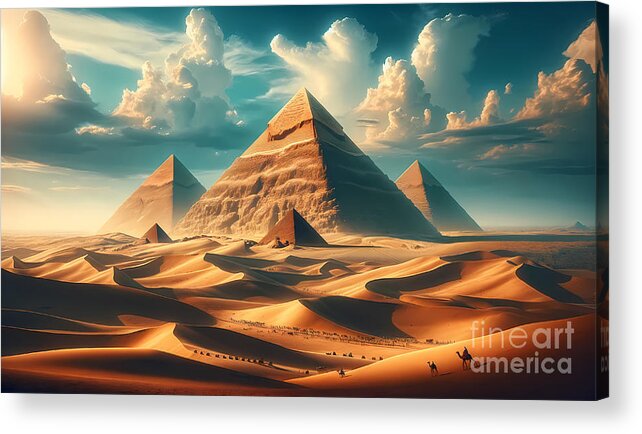 Pyramids Acrylic Print featuring the digital art Ancient Egyptian Pyramids, The Great Pyramids of Giza with a stunning desert backdrop by Jeff Creation