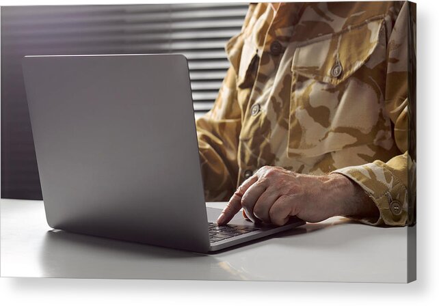 Expertise Acrylic Print featuring the photograph Army Officer On Laptop In Bunker by Peter Dazeley