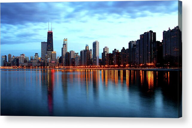 Architecture Acrylic Print featuring the photograph Chicago Skyline Dusk Lights Blue Water by Patrick Malon