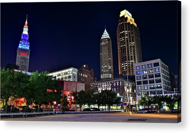 Cleveland Acrylic Print featuring the photograph CLE Heart of Town Nightscape by Frozen in Time Fine Art Photography