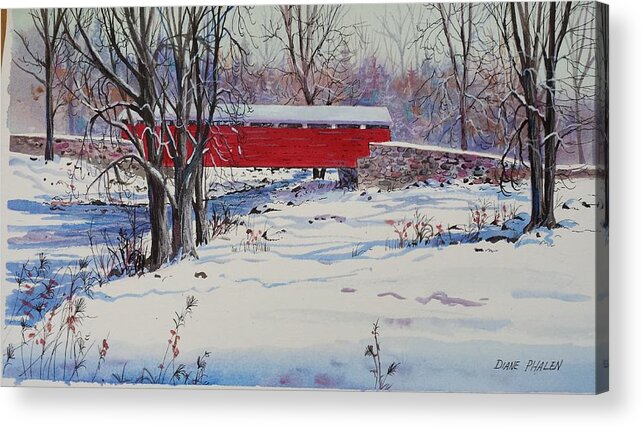 Winter Acrylic Print featuring the painting Covered Bridge Crossing by Diane Phalen