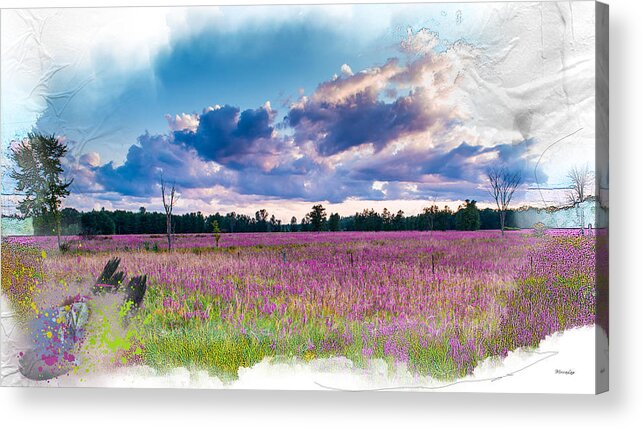 Landscape Acrylic Print featuring the mixed media Fuchsia Fields by Moira Law