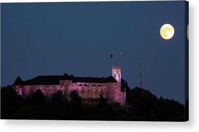 Ljubljana Acrylic Print featuring the photograph Full moon beside Ljubljana Castle by Ian Middleton