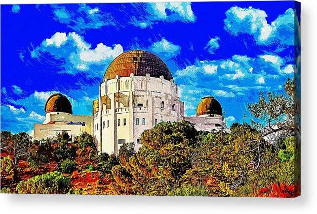Griffith Observatory Acrylic Print featuring the digital art Griffith Observatory, Los Angeles - impressionist painting by Nicko Prints
