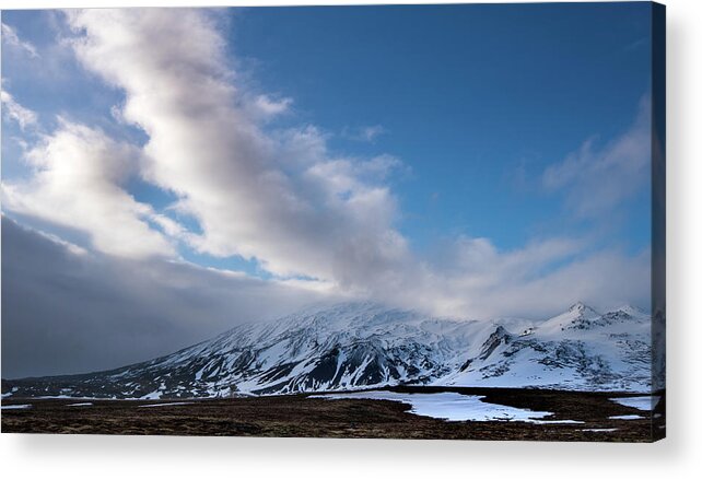 Iceland Acrylic Print featuring the photograph Icelandic landscape with mountains covered in snow at snaefellsnes peninsula in Iceland by Michalakis Ppalis