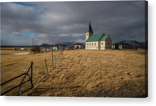 Icelandic Acrylic Print featuring the photograph Icelandinc landscape with traditional church in Iceland by Michalakis Ppalis