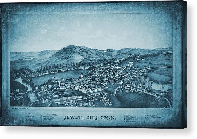 Connecticut Map Acrylic Print featuring the photograph Jewett City Connecticut Vintage Map Birds Eye View 1889 Blue by Carol Japp