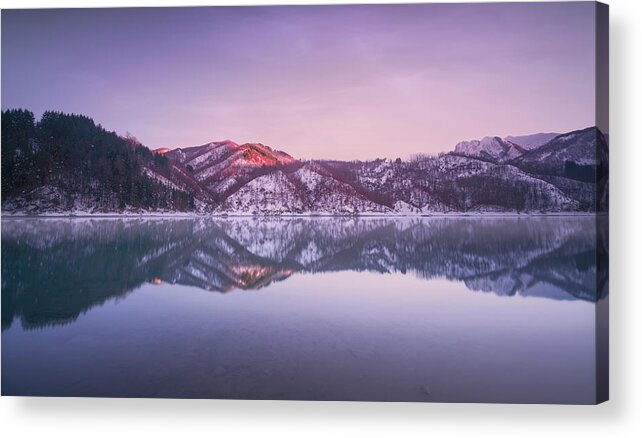 Lake Acrylic Print featuring the photograph Lake Gramolazzo and snow in Apuan mountains. Garfagnana, Tuscany by Stefano Orazzini