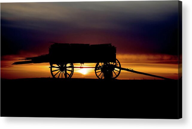 Wagon Acrylic Print featuring the photograph Last Load - wagon with load of lumber in silhouette with sunset by Peter Herman