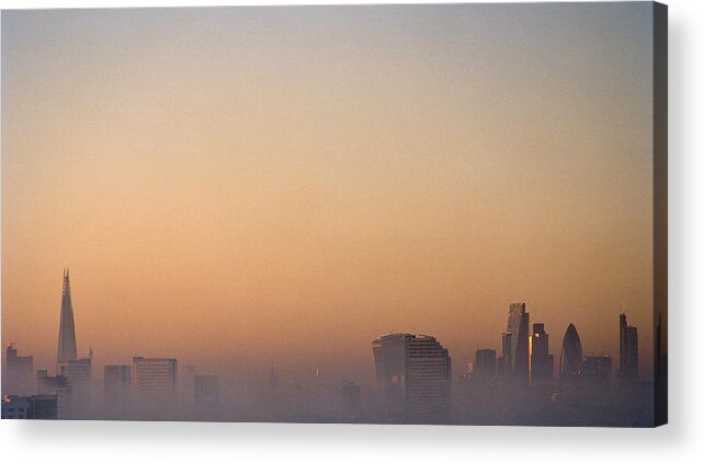 Built Structure Acrylic Print featuring the photograph London city skyline on a foggy evening by Gary Yeowell