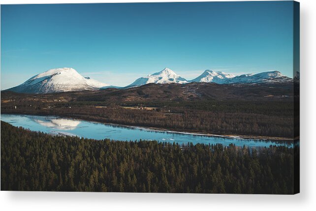 Touristic Acrylic Print featuring the photograph Malselva River with a reflection on the snow-covered hills by Vaclav Sonnek