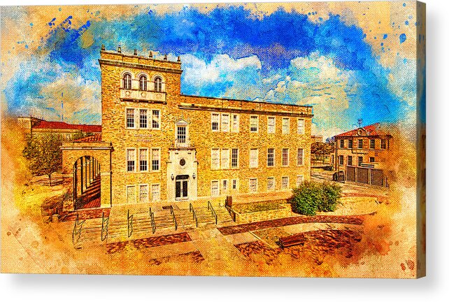 Mathematics And Statistics Building Acrylic Print featuring the digital art Mathematics and Statistics building of the Texas Tech University - digital painting by Nicko Prints