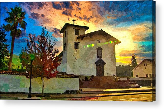 Mission San Jose Acrylic Print featuring the digital art Mission San Jose in Fremont, California - watercolor painting by Nicko Prints