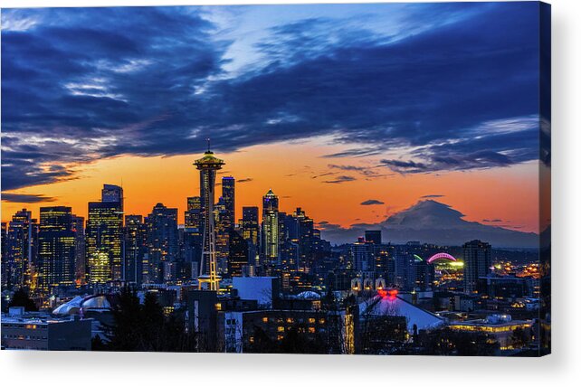 Seattle; Sunrise; Blue Hour; Kerry Park; Seattle Skyline; Seattle Cityscape; Space Needle; Mount Rainier; Seattle Icon Acrylic Print featuring the photograph Morning Spectacle by Emerita Wheeling