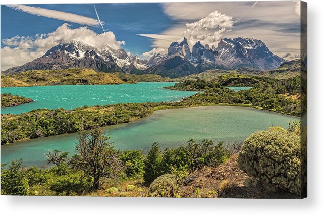 Andes Acrylic Print featuring the photograph Nordenskjold lake view Paine Grande los Cuernos and Monte Almi by Henri Leduc