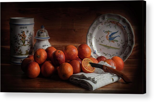 Old Master Acrylic Print featuring the photograph Old Maestra Blood Oranges and French Faience Pottery by Jean Gill