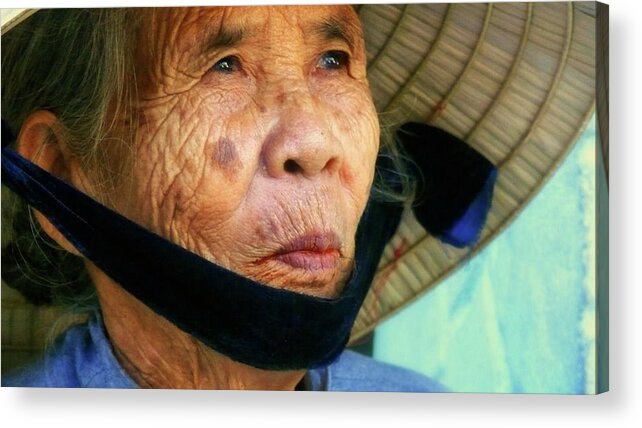 Hat Acrylic Print featuring the photograph Old Vietnamese lady with the conical hat by Robert Bociaga