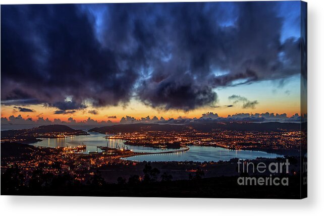 Port Acrylic Print featuring the photograph Panoramic View of Ferrol Estuary with Bridge and Shipyards Stormy Sky at Dusk La Corua Galicia by Pablo Avanzini