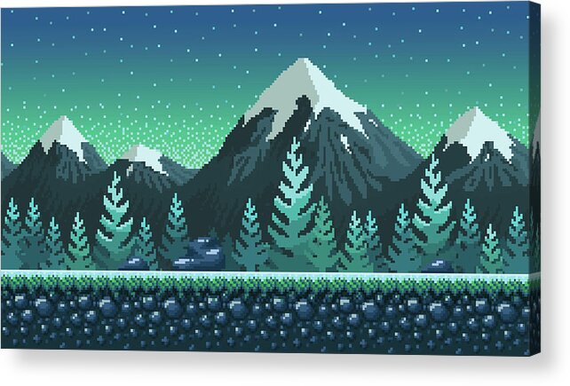 Pixel art background. Location with snowy mountains night. Landscape 8-bit Acrylic by Julien - Fine Art America