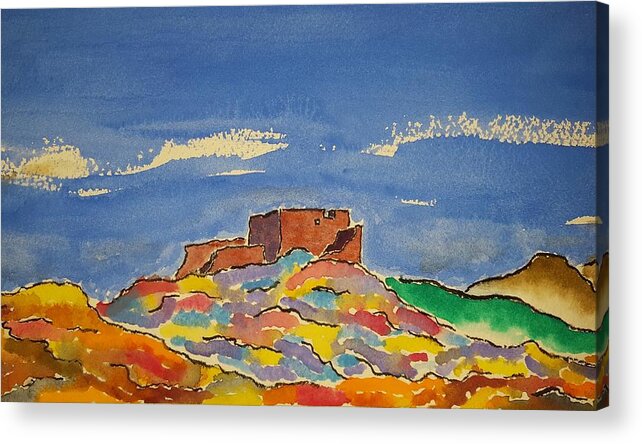 Watercolor Acrylic Print featuring the painting Pueblo of Lore by John Klobucher