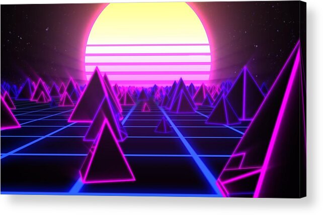 Retro Pyramids on 80s Synthwave Neon Landscape with Glowing