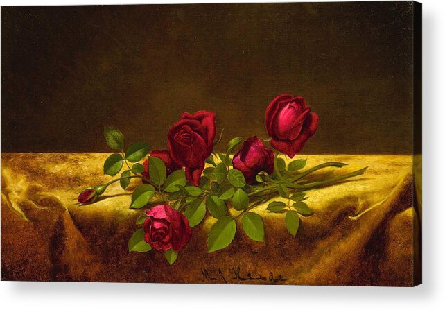 Martin Johnson Heade Acrylic Print featuring the painting Roses lying on gold Velvet by Martin Johnson Heade