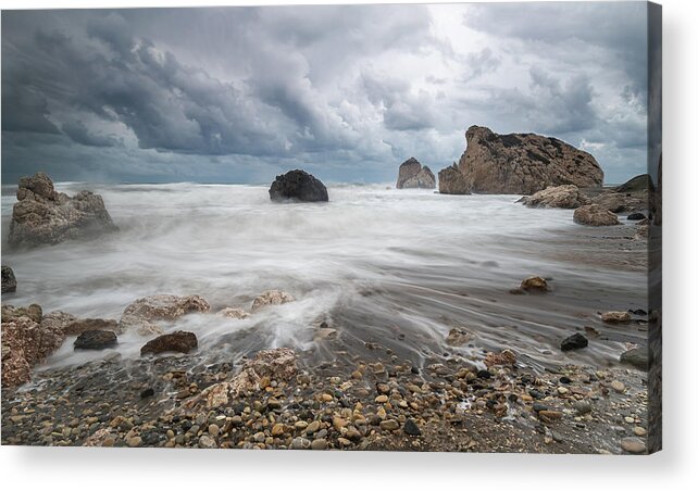 Seascape Acrylic Print featuring the photograph Seascape with windy waves during storm weather at the a rocky co by Michalakis Ppalis