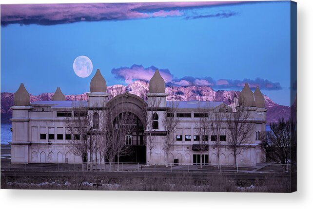 Full Moon Acrylic Print featuring the photograph Setting Moon over the Great Saltair, Utah by Doug Sims