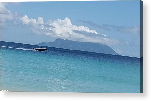 All Acrylic Print featuring the digital art Speed Boat at Sea in Seychelles KN41 by Art Inspirity