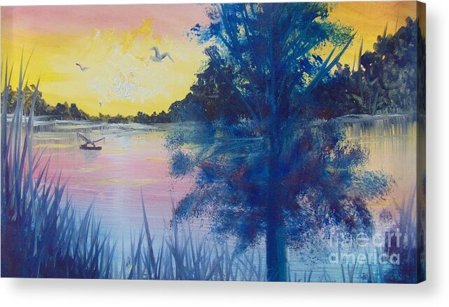 Fisherman Acrylic Print featuring the painting Sunrise on the Lake by Saundra Johnson