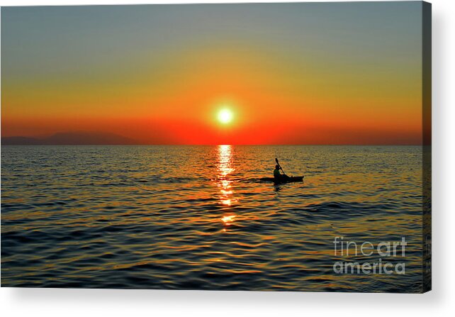 Sunset Acrylic Print featuring the photograph Sunset Above Seascape With Kayaker  by Leonida Arte