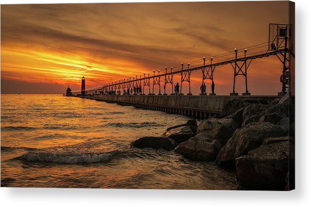 Grand Haven Acrylic Print featuring the digital art Sunset at Grand Haven Lighthouse by Kevin McClish