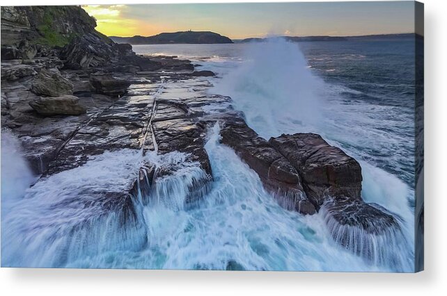 Beach; Sea; Blue; Beautiful; Nature Background; Seascape; Water; Landscape; Rocks; Cliffs; Rock Pool; Tourism; Travel; Summer; Holidays; Sea; Surf; Palm Beach Acrylic Print featuring the photograph Sunset Near Palm Beach No 5 by Andre Petrov
