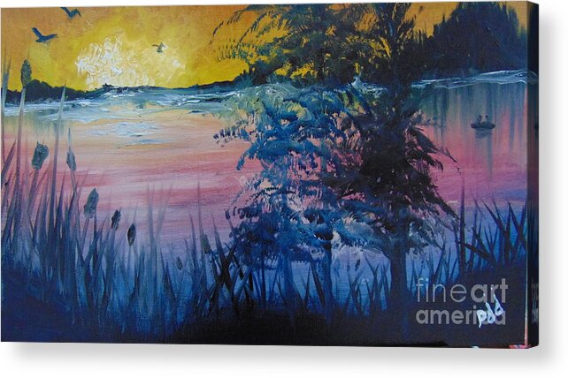 Lake Acrylic Print featuring the painting Sunset on the Lake by Saundra Johnson