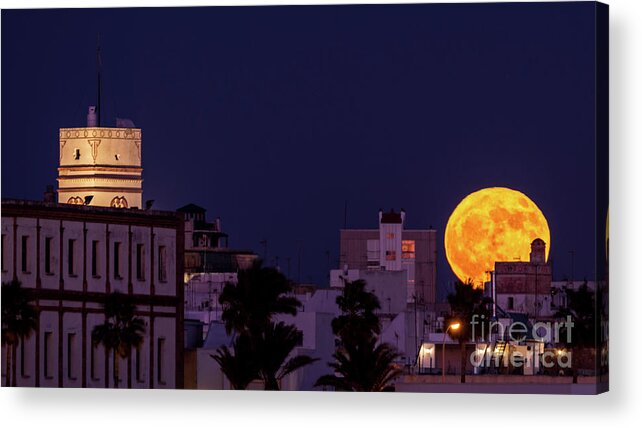 Cityscape Acrylic Print featuring the photograph Tavira Tower and Full Moonrise Cadiz Andalusia by Pablo Avanzini