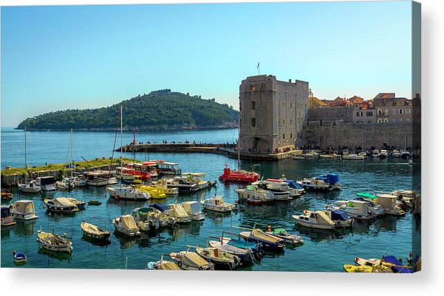 Dubrovnik Harbor Acrylic Print featuring the photograph The Boats in Dubrovnik Harbor by Lindsay Thomson